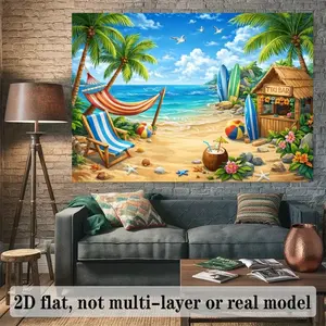 2D Flat 1pc Tropical Tiki Beach Backdrop Banner, Summer Ocean Hammock Surfboard Palm Seaside Photography Background, Ideal for Hawaii Luau Pool Party, Vacation Themed Celebration, Photo Booth Decor, Multiple Sizes Available