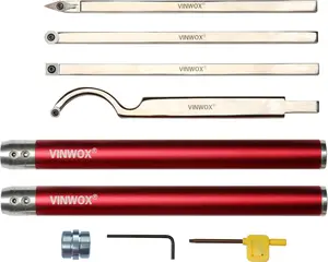9 PCS Carbide Wood Lathe Turning Tool Set, Pen, Including Swan Neck Hollower, Rougher, Finisher, Detailer, Aluminum Handles from 14" to 29", Fine Polished Stainless Shank