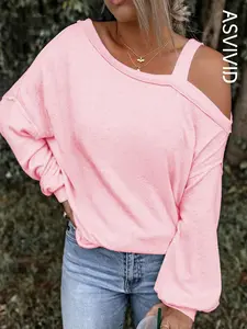 Women's Plain Asymmetrical Neck Sweatshirt, Casual Drop Shoulder Long Sleeve Pullover for Spring & Fall, Ladies Clothes for Daily Wear