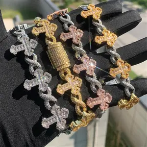 New Iced Out Moissanite Cross Infinity Charm Bracelet Micro Paved Moissanite Cuban Chain For Women Men Hip Hop Rapper Jewelry