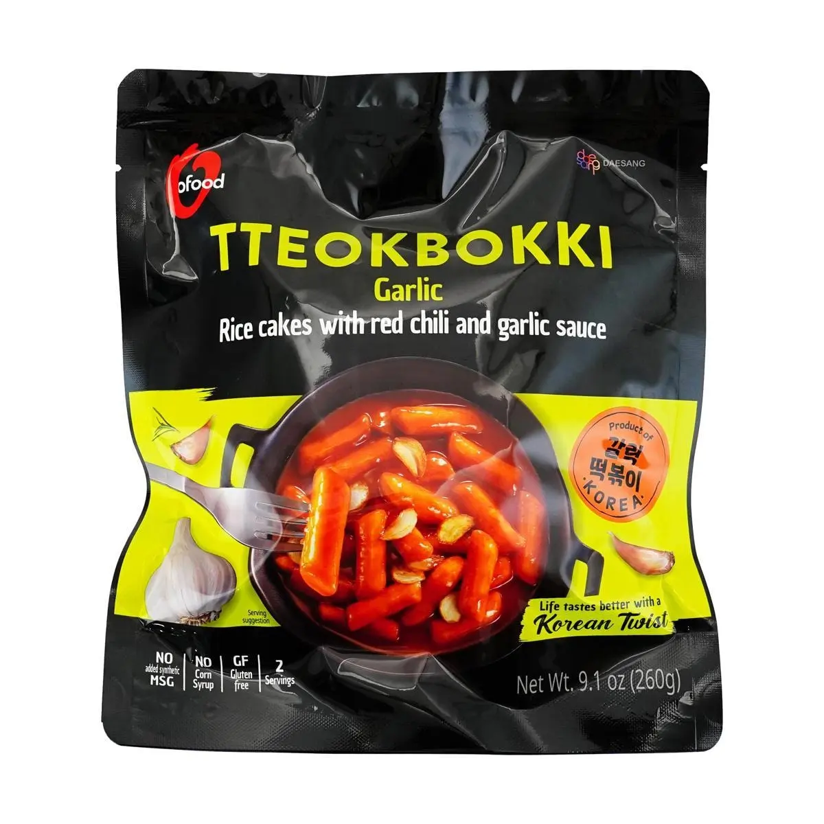 O'Food Korean Tteokbokki Stir-Fry Rice Cakes - Garlic Spicy Sauce Flavor, 2 Servings (260g) with Sauce Pack - Authentic Korean Snack & Meal