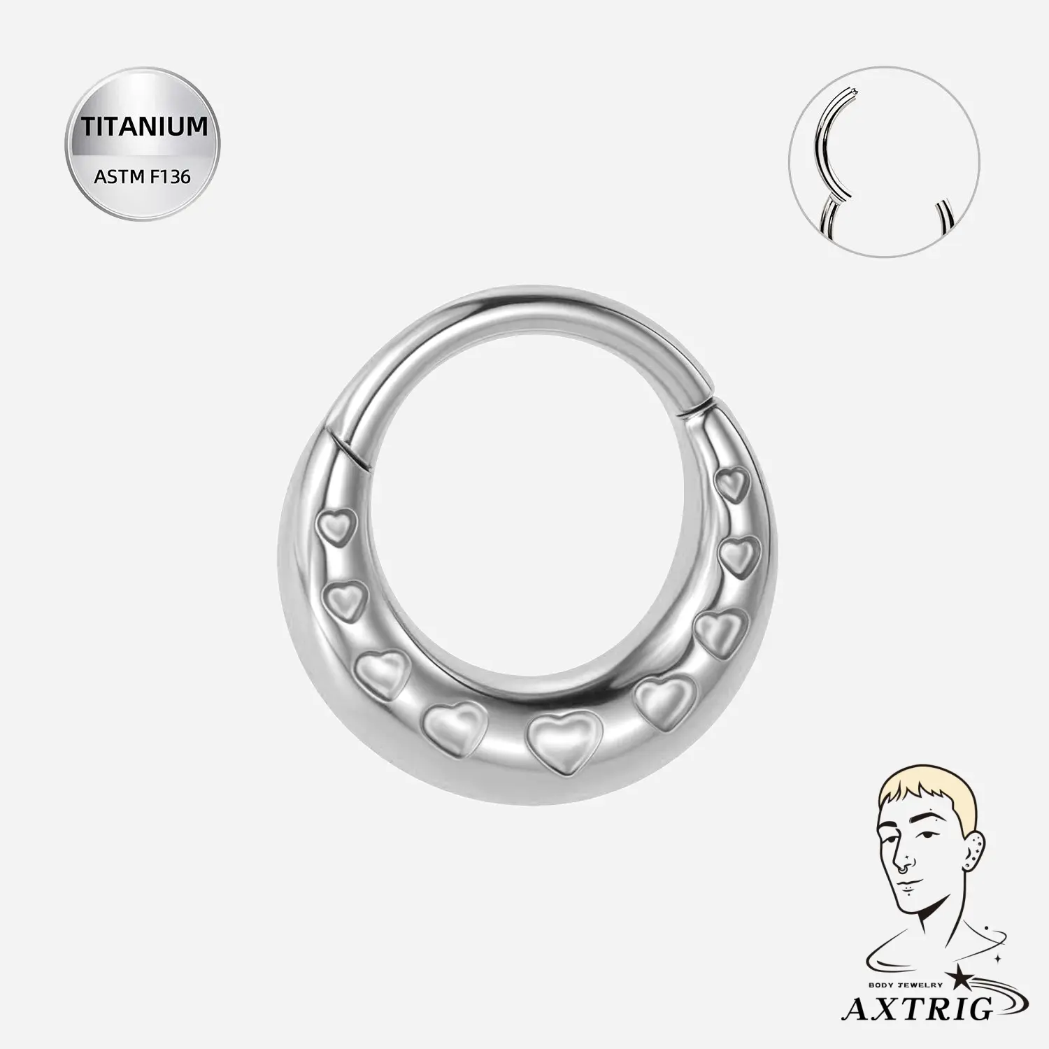 16 Gauge Engraved Heart Daith Piercing Jewelry, ASTM F136 Titanium Septum Clicker Ring - 8mm Hypoallergenic for Long-Term Wear, Snug, Small Nose Ring Piercing Jewelry, Round Septum Ring Piercing Jewelry