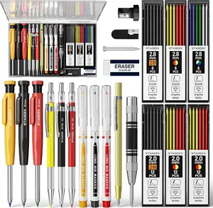 STAGEEK 22 Pack Carpenter Pencil Set with Sharpener, Mechanical Carpenter Pencils with 60 Refills, Deep Hole Long-Nib Marker Pens, Carbide Scribe Tool & Construction Pencils for Architect with Case