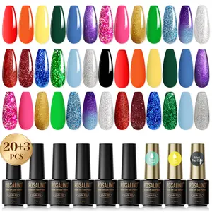 ROSALIND 23PCS Trendy Gel Nail Polish Set Glitter Pure Color Various Effect with Base Coat & Matte ,No-wipe Top Coat Gel Polish Need Uv Light to Dry Long Lasting for Nail Art Design Manicure Vibrant Cutics