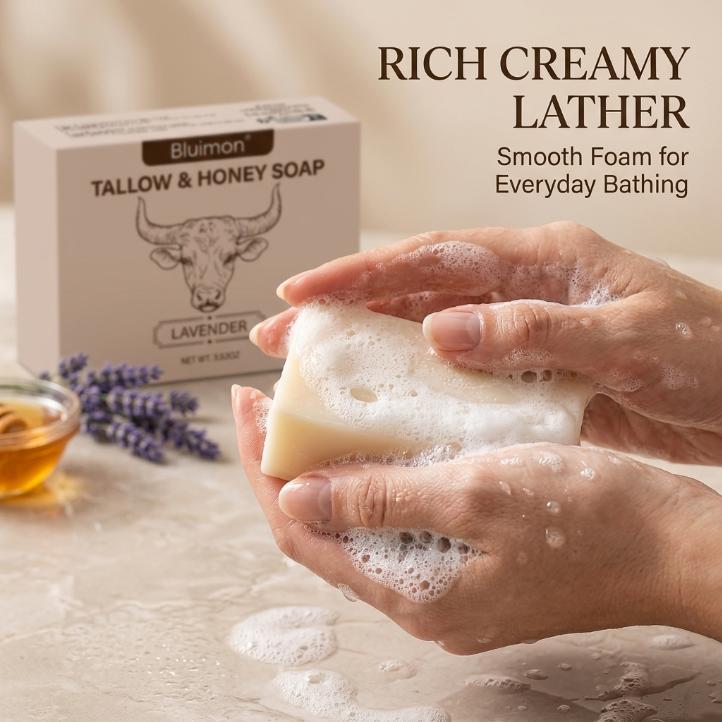 Bluimon Lavender Tallow & Honey Body Wash Soap - Rich Lather, Lavender Aroma Cleansing Bar for Daily Hand & Body Bath, Beauty & Personal Care Item