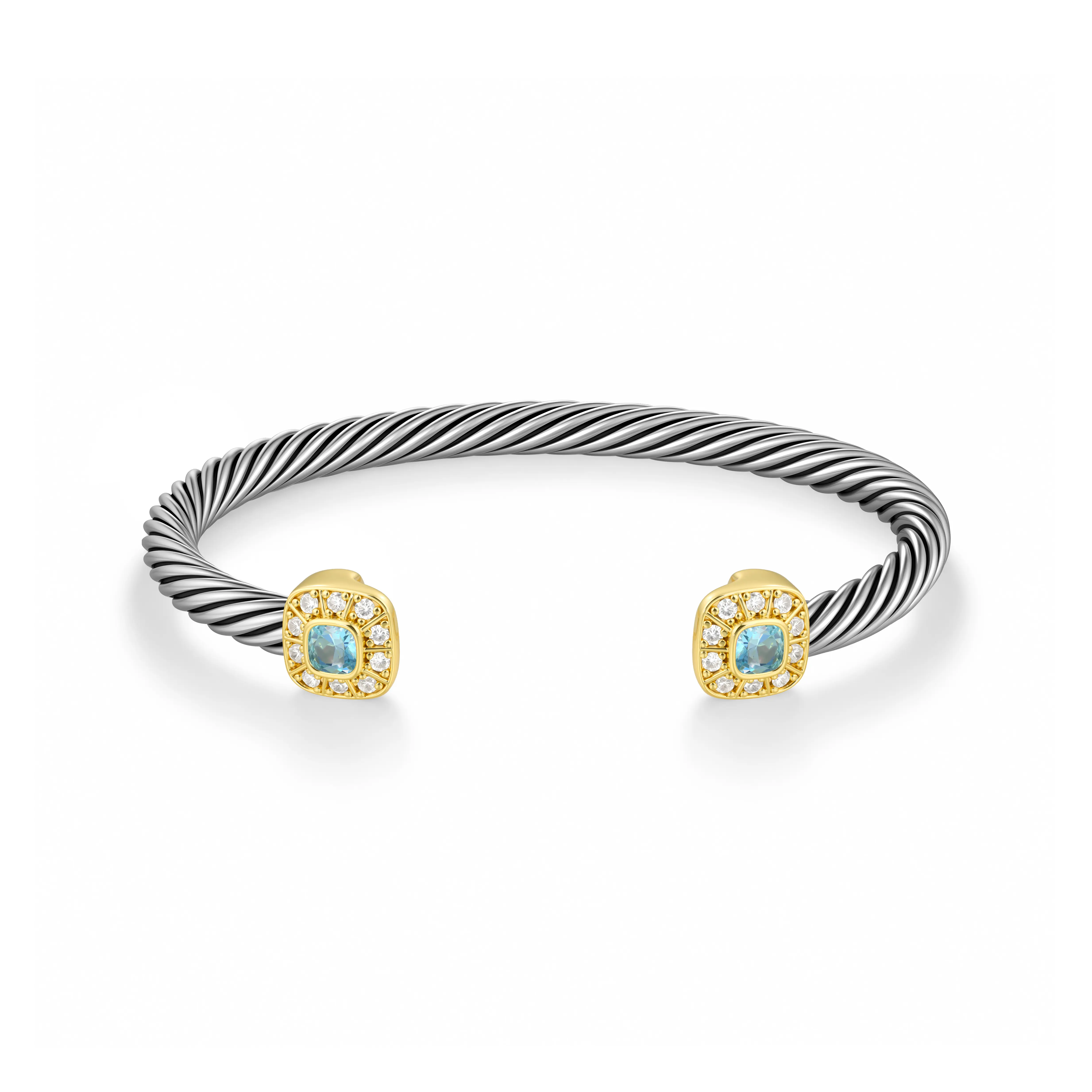 Aprilery Aquamarine Blue Cushion Cut Halo Twisted Cable Cuff Bracelet Vintage Fresh Daily Wear Jewelry