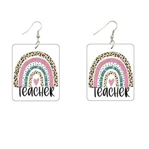 Teacher Rainbow Rectangle Wooden Earrings