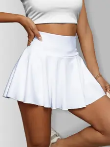 Women's High-Waisted Pleated Skirt with Lining, Elastic Sporty Design, Comfortable All-Season Wear, Fitted Style for Outdoor Activities, Yoga Skirt