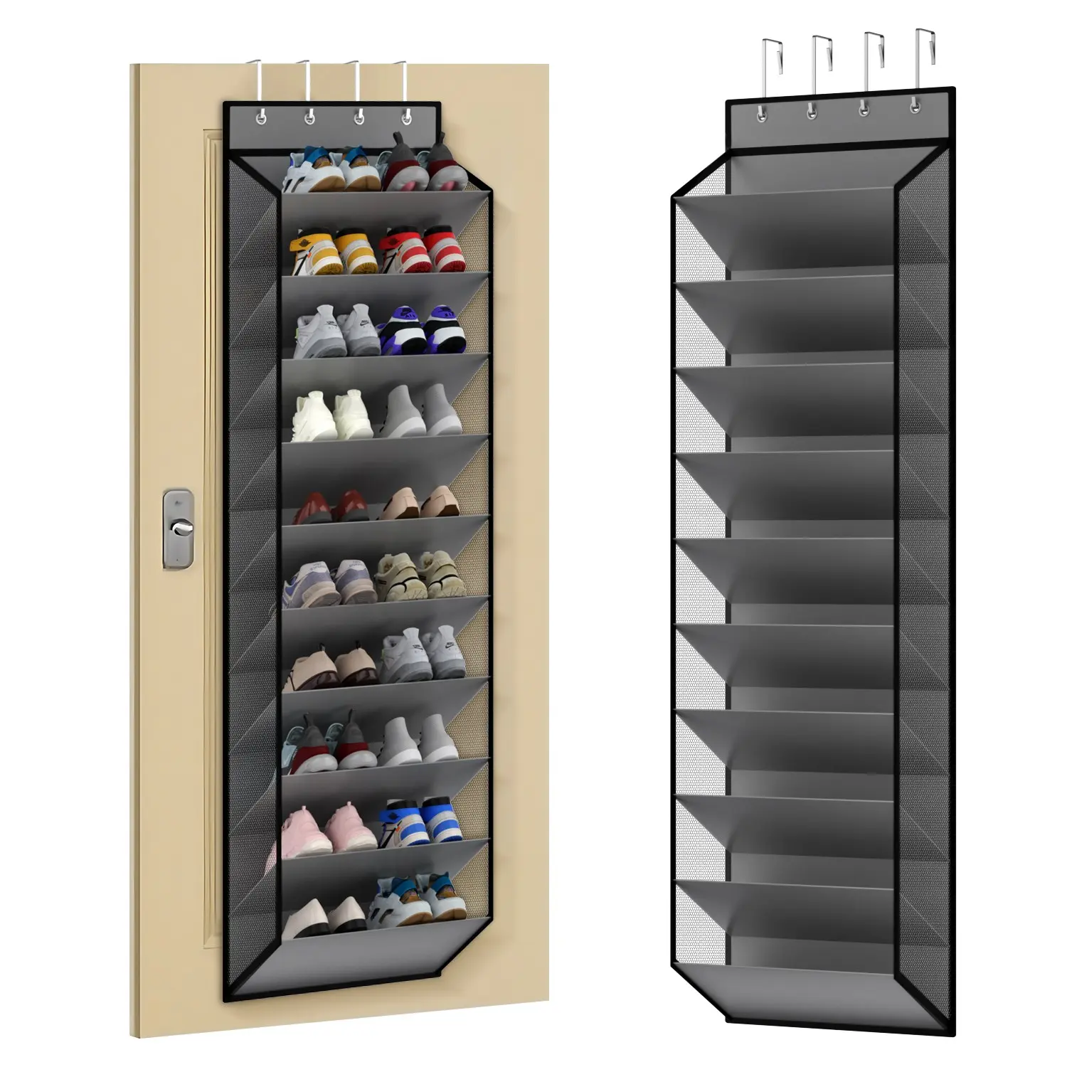 20 Pair Shoe Storage Bag, 10 Tier Hangable Hanging Organizer, Mesh Bedroom Shoe Rack with 4 Metal Hooks, Closet and Door Back Storage Solution