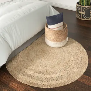 Noctra Farmhouse Striped Hand-Braided Jute Rug - Reversible Eco-Friendly Bohemian Style Round Rug for Entryways Dining Rooms & Living Areas