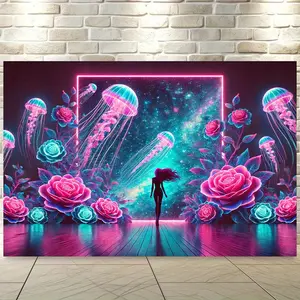 Dreamlike Neon Jellyfish & Floral Polyester Wall Tapestry, 8x6ft - Vibrant Cosmic-Themed Background Cloth for Living Room, Bedroom, Office, Outdoor Decor - Ideal for Parties and Holiday Gifts