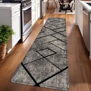 1PC, Black and Gray Diamond Geometric Pattern strip rugs, Modern abstract rug, home décor, bathroom mats, entryway mats, bathroom non-slip mats, bedroom bedside mats, kitchen mats, hallway rugs, flannel sponge rugs