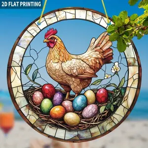 2D Round Bohemian Stained Glass-Style Easter Hen & Colorful Eggs Sun Catcher Vintage Acrylic Window Hanging Decor with White Hen, Red Comb & Nest - Spring Home Decoration