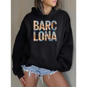 Men's Barcelona Spain Graphic Hoodie Sweatshirt Big and Tall Sizes Catalan Flag Colors Blue Golden Brown Lightweight Summer Hoodie Sweatshirt for Barcelona Fans Travel Souvenir Apparel Machine Washable Casual Hoodie Sweatshirt with Landmarks