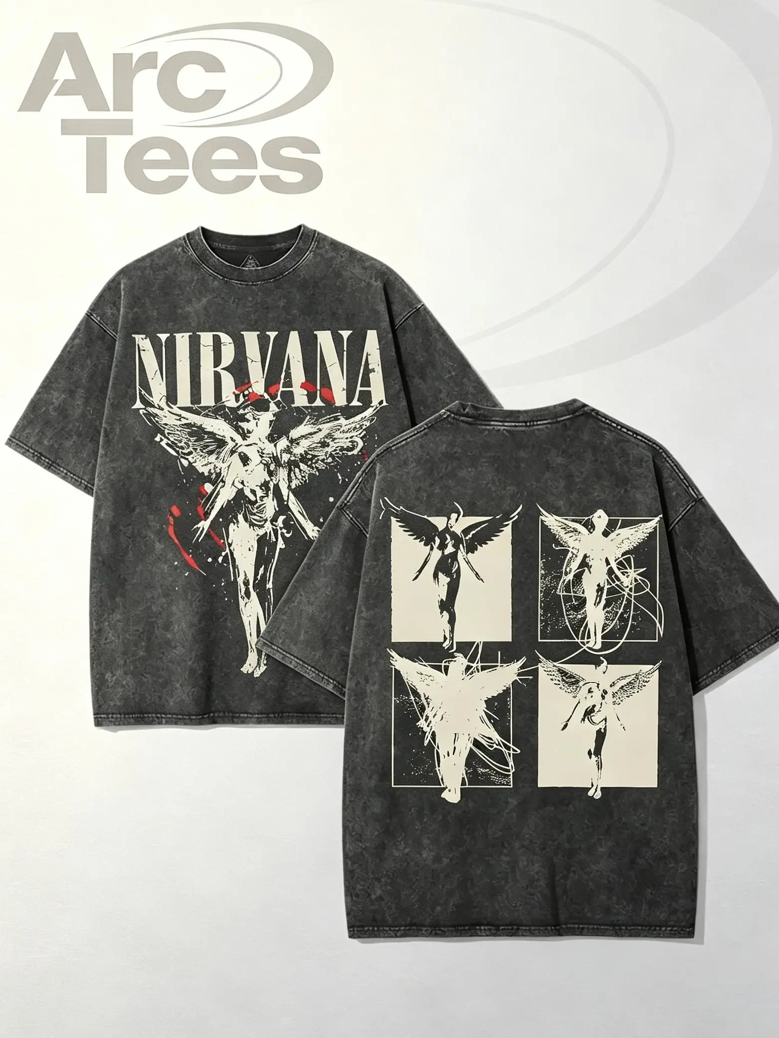 [ArcT] Men's 100% Cotton Baggy Vintage Acid Wash Fallen Angel Graphic T-Shirt - 90s Grunge Rock Oversized Short-Sleeve Menswear Tee, Retro Casual Dark Streetwear Outfits Top