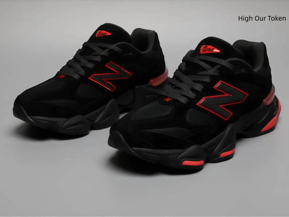 All Black Chunky Sneakers – Mesh & Suede Upper, Red Outline Accents, Black Laces, Thick Vintage Black Sole with Red Detail.