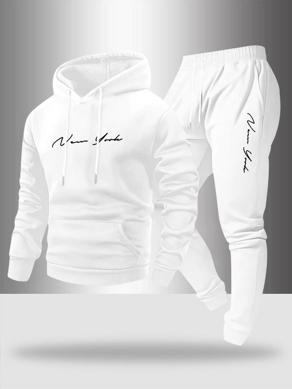 Men's Fall Winter Casual Sportswear Set, Sweatsuit with Pockets, Fashion Artistic Letter Print Hoodie & Drawstring Pants, Comfortable Warm Two-Piece
