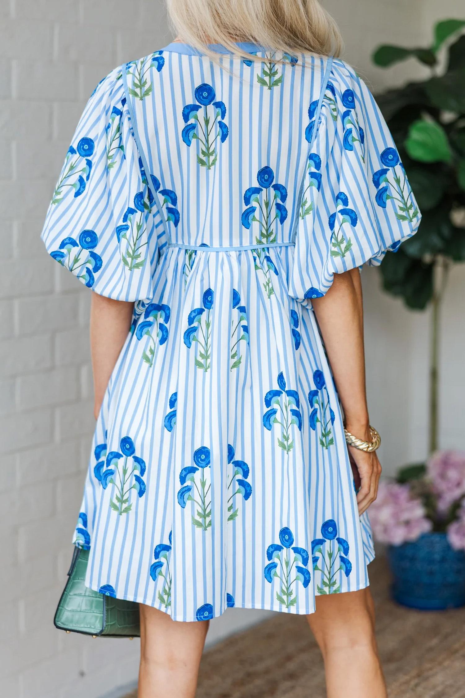 Mntaor Women's Sky Blue Floral Striped Mini Dress with Tie Notched Neck & Puff Sleeves Easy to Wear for Brunch Shopping or Weekend Getaways