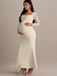 MISHELLA Elegant Contrast Lace Fishtail Hem Maternity Dress Autumn Maternity Gown For Photoshoot Wedding