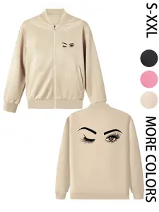 Women's American Street Style Hoodless Bomber Jacket with "EYES" Print, Lightweight Zip-Up Jacket, American Street Style Print Design, Suitable for All Seasons, Casual & Street Style