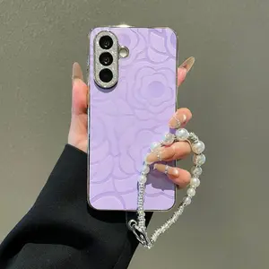 Phone Case For Samsung A37 A57 A07 A17 A14 A15 A16 A25 A26 A34 A35 A36 A53 A54 A55 A56 A06 5G Beaded Pearl Crystal Women Wrist Strap Cases Cover