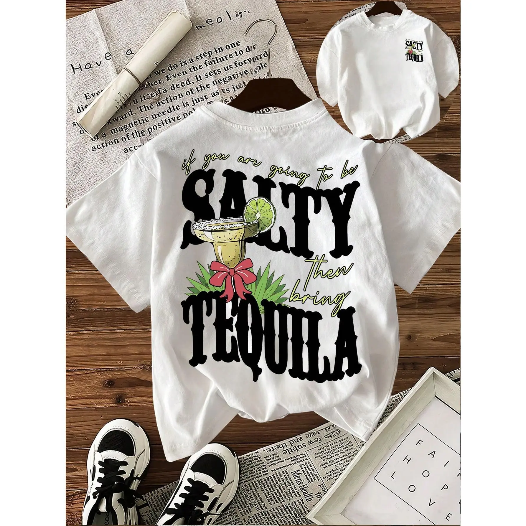 Women's Retro Western Coquette Graphic T-Shirt - Salty Bring Tequila Print, Double-Sided, Short-Sleeve, Comfortable Fabrics, Everyday Streetwear, Casual Birthday Top, Shortsleeve, Lady, Plus Size Clothes, Trendy T-Shirts, Round Neck