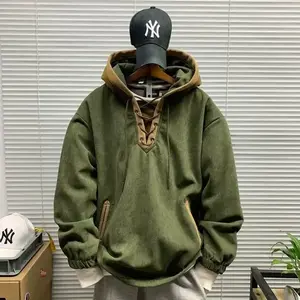 Men's Vintage Trendy Brand Design Hooded Colorblock Sweatshirt, Spring and Autumn Men's Loose Casual Workwear Hooded Long Sleeve Jacket with Pockets, Thick Warm Soft Comfortable Half Zipper Stylish High-Quality Hoodie, Men's Everyday Pullover Hooded Sweat
