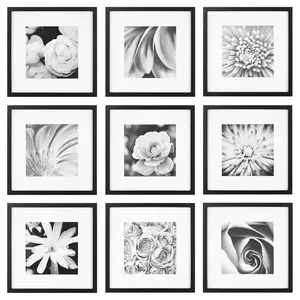 Gallery Perfect (Set of 9) Black Square Photo Frame Gallery Wall Kit with Decorative Art Prints and Hanging Template