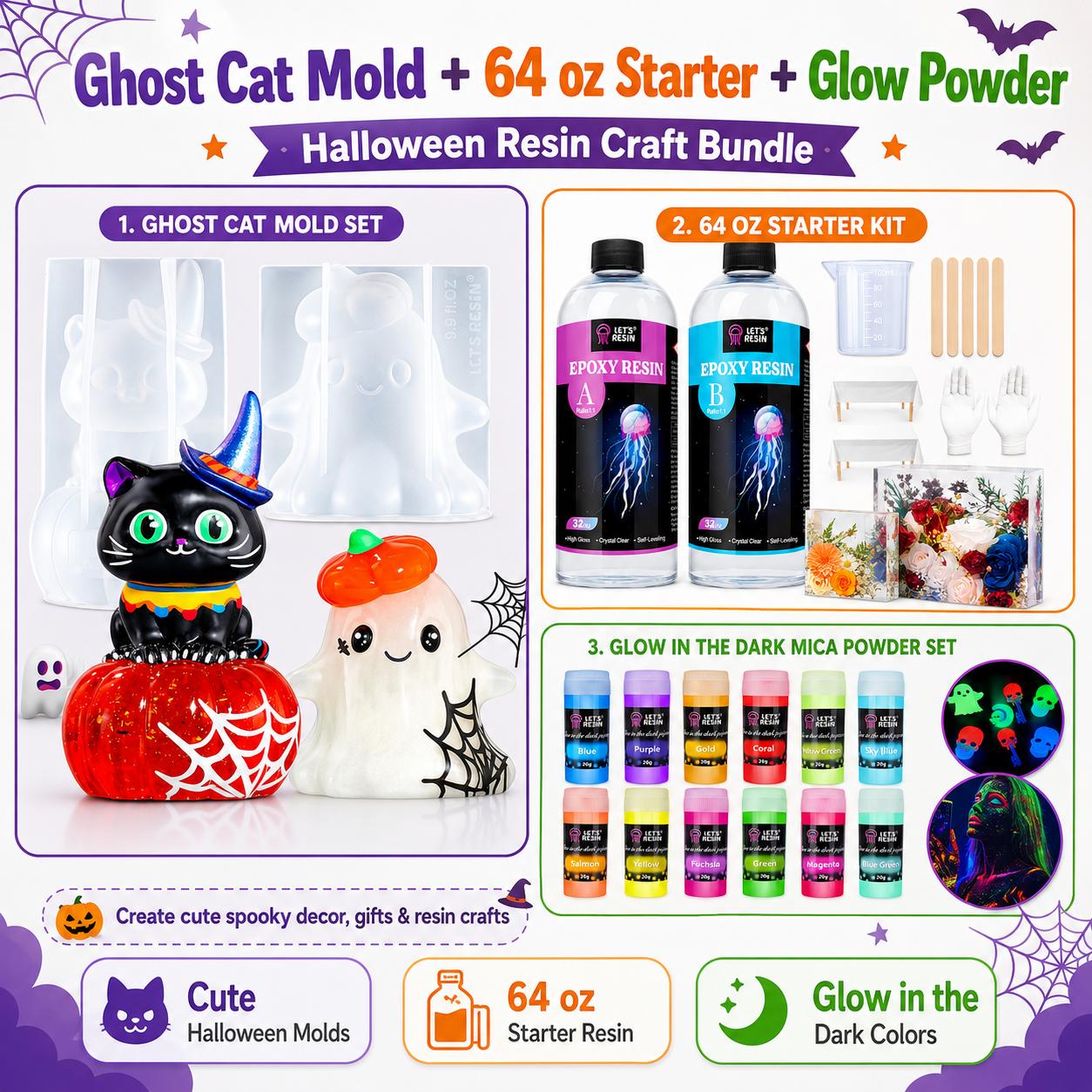 LET'S RESIN Halloween Glow Resin Craft Kit, Ghost Cat Pumpkin Silicone Molds with Witch Hat + Crystal Clear Epoxy Resin Kit, Perfect for Adding Glow Powder, Neon Pigments & Glitter to Create Spooky DIY Decorations, Halloween Gifts & Resin Art Crafts