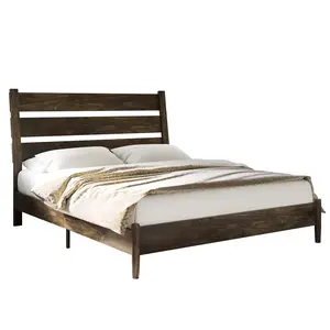 AMERLIFE Solid Wood Bed Frame, Mid Century Platform Bed with Reclining Slatted Headboard, Wood Slat Support/No Box Spring Needed/Noise Free