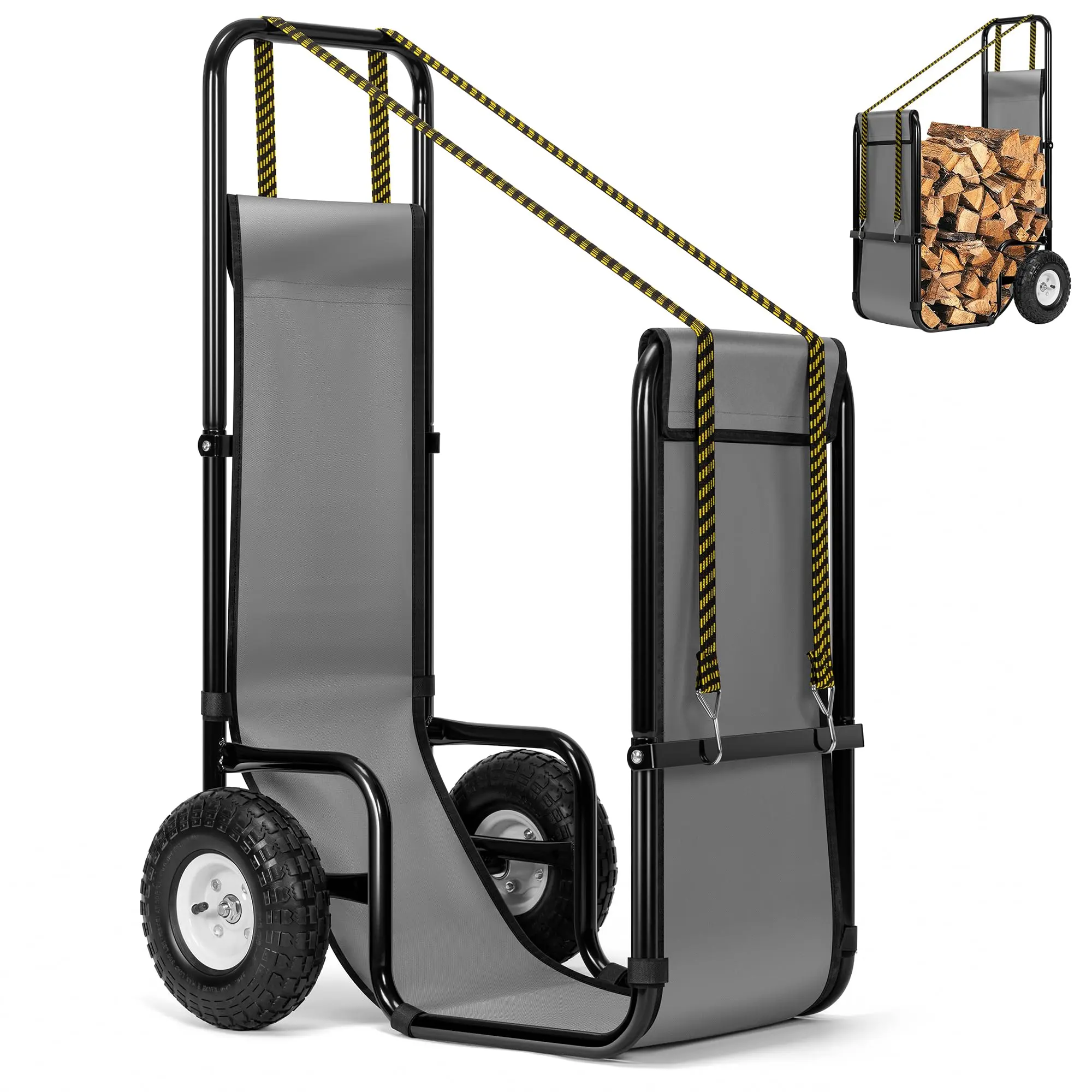 VIVOHOME Firewood Log Cart Carrier with Rubber Wheels and 600D Oxford Cloth, 250-300 LBS Capacity Heavy Duty Steel Dolly Hauler, Rolling Wood Rack Storage Mover for Easy Transport Indoor Outdoor Use