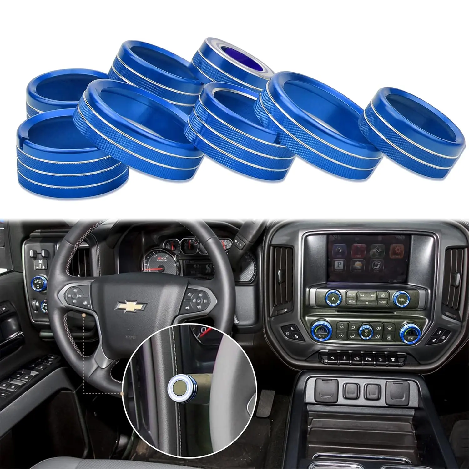Switch Button AC Radio Light Trim Center Console Knob Covers for Chevy Silverado & GMC Sierra Accessories 2014 2015 2016 2017 2018 Air Conditioner Control Decoration (Aluminum Alloy, Blue)