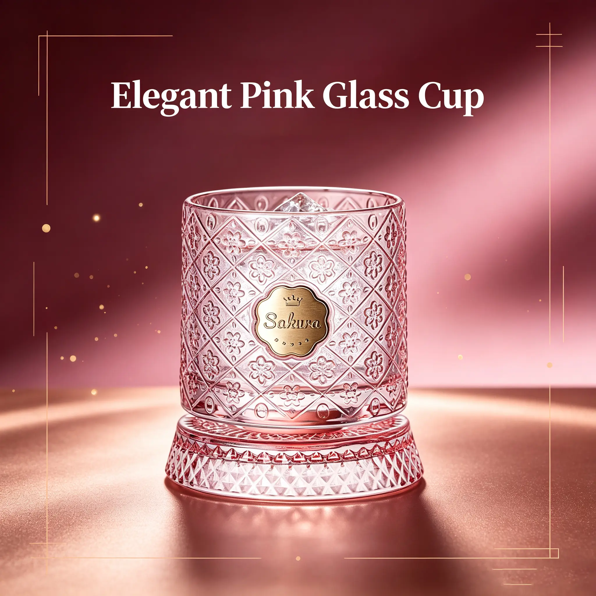 Pink Sakura Embossed Rotating Crystal Tumbler, 12oz 360° Spinning Weighted Glass Cup, Lead-Free Beverage Tumbler for Whiskey, Cocktails, Iced Coffee & Aesthetic Home Bar Decor