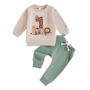 First Birthday Outfit Boy Wild One Jungle Safari Cartoon Animals Sweatshirt Jogger Pants Cute Cake Smash Photo Shoot Outfit