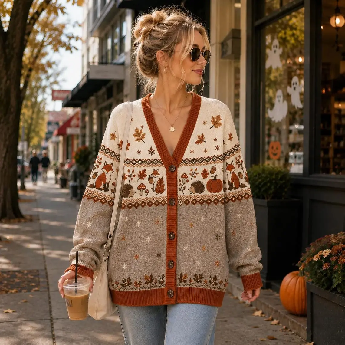 Fox Cardigan Fair Isle Knit Sweater Woodland Autumn Button Up Cardigan for Women