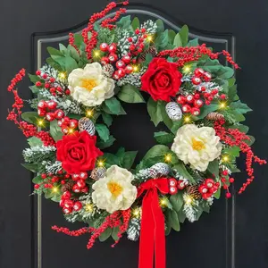 Christmas Wreaths for Front Door 24 Inch Prelit Holiday Wreath with Red Roses, White Peonies, Red Berries, Greenery & Velvet Bow Christmas Door Wreath Indoor Outdoor soomeir
