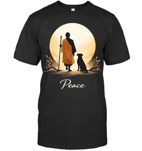 Minimalist Zen Art Walk for Peace Monks with Aloka Dog T-Shirt Calm Spiritual Graphic Tee Unisex Cotton Shirt for Meditation Mindfulness and Peaceful Lifestyle