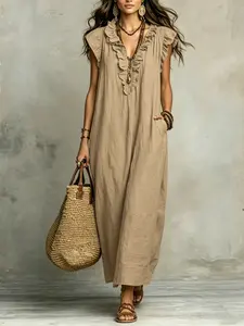 Women's Summer Ruffle V-Neck Solid Long Dress, Fashionable Flutter Sleeve Long Skirt, Elegant and Stylish Women's Clothing for Warm Weather