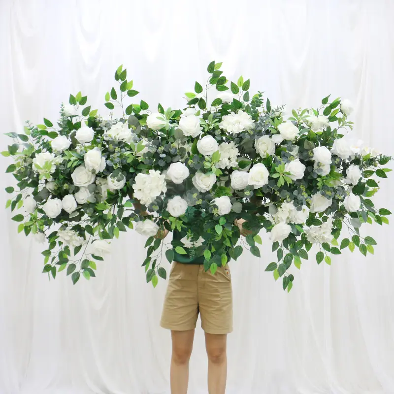 S-A7615 2pcs/set White Roses Greenery Banyan Leaves Flower Arrangement Wedding Backdrop Decor Props