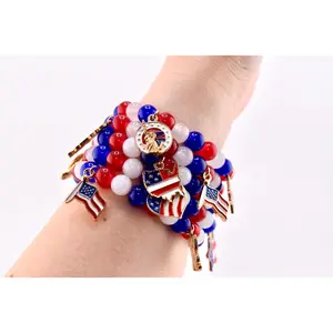 Patriotic Charm Bracelet | Red White Blue Glass Beads, USA Flag Charms