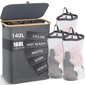 160L Recyclable Dustproof Easy-Carry Laundry Hamper - 3-Section Design with Lid, Sturdy Handle, Home Organizer for Bedroom, Laundry Room