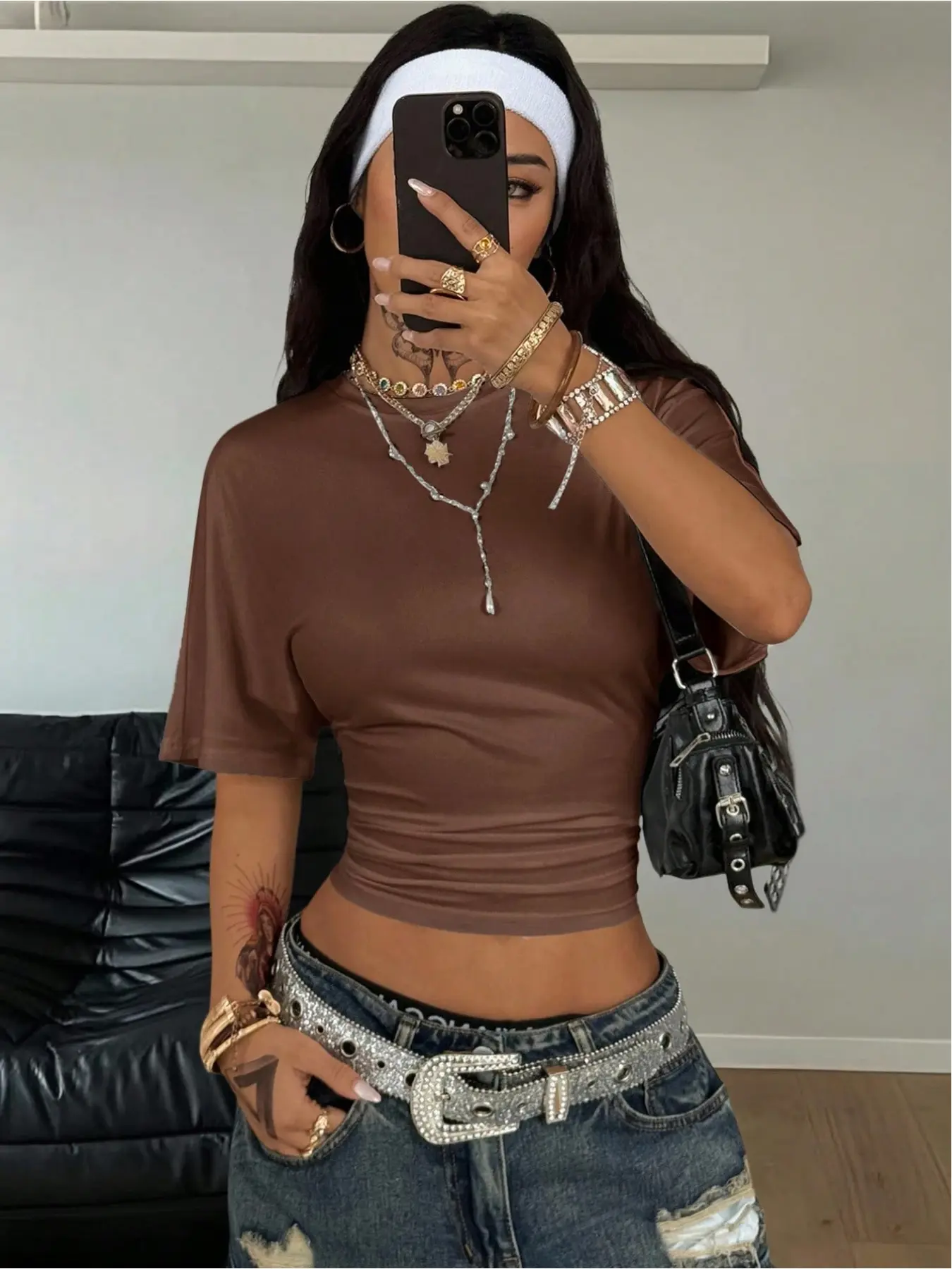 Y2K minimalist Basic black elastic loose pleated knit crop top Womenswear for women's summer casual Streetwear back-to-school street style Fashion Cropped Casual Cropped Tees