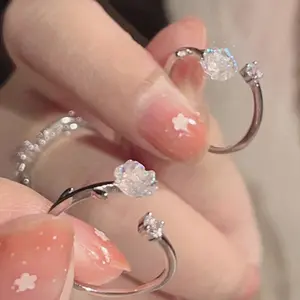 FASHION - Luxury Zircon Flower Opening Rings for Women Cubic Zirconia Rose Blossom Tulip Adjustable Finger Wedding Jewelry