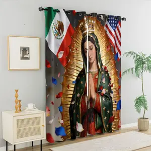 Our Lady of GuadalupeTheme Window Curtains, Mexican American Flag Print Curtains, Spiritual Gift & Faith Gift, Gift for Mom & Gift for Dad, Mexican American Themed Decor, Grommet Curtains for Bedroom Living Room