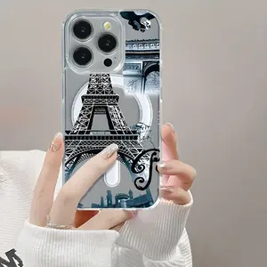 Compatible with IPhone 16 15 Pro Max Plus 14 13 12 11 X XR Eiffel Tower Pattern Shockproof Non-Yellowing Crystal Transparent Acrylic Soft Case Supports Wireless Charging.