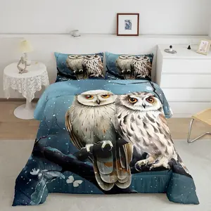 Owl Queen Size Bedding Set,3D Animal Printed Designer Comforter Set,Decorative Bird Decor Comforter,Cartoon Owls Super Soft Design Duvet Set