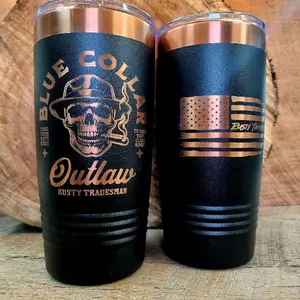 Rusty Tradesman Blue Collar Outlaw 20oz Tumbler | Black & Rose Gold | BPA Free, Double-Wall Vacuum Insulation, Front Design: Distressed American Flag - Drinkware, Bottle