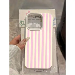 Simple pink vertical striped phone wallpaper background with large hole milky white phone case, compatible with iPhone 17/16/15/14/13/12/11/X/XS/XS Max, a holiday gift for friends, family, and yourself