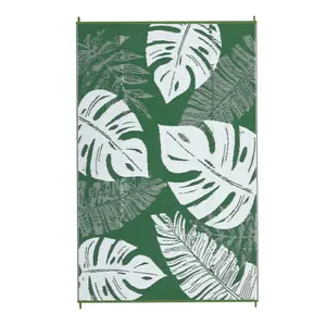 Green and White Rectangular Plastic Outdoor Area Rug, 9x18 ft Actual Size, Wide Leaves Modern Design, Easy-Clean for Patio, RV Camping