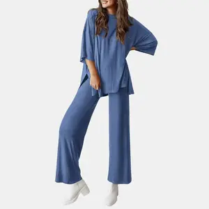 Women's 2-Piece Matching PJ Set, Short-Sleeve Pocketed Top, Split-Hem Wide-Leg Pants, Soft Solid Plain Fabric Spring Summer Sleepwear Loungewear Womenswear